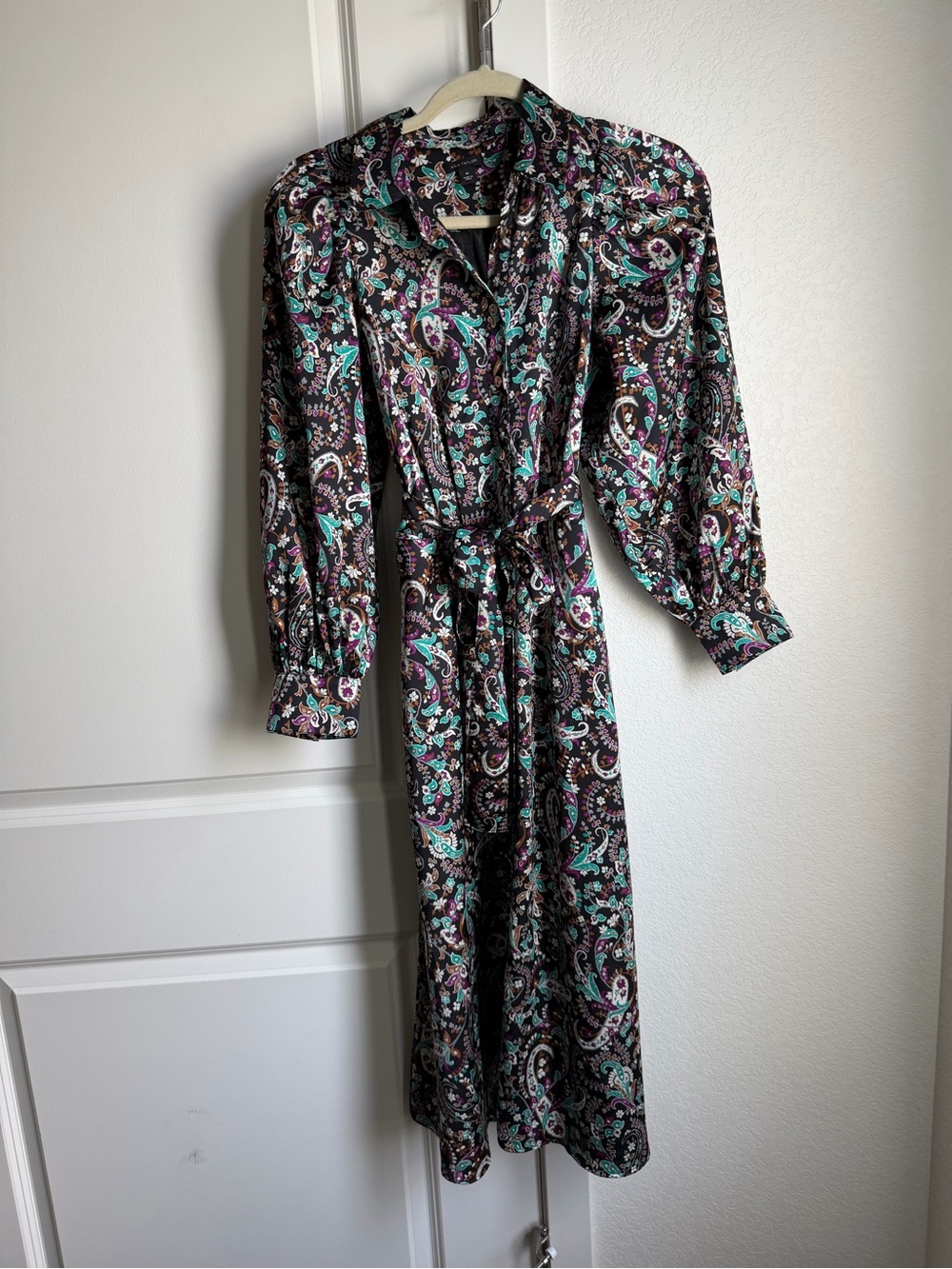 Ann Taylor Black Paisley Wrap Midi Dress with Teal and Purple Accents